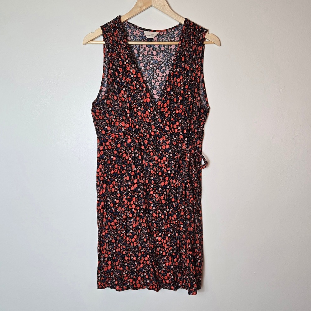 Universal Thread Womens XL Floral Wrap Dress Sleeveless V-Neck Rayon Black Multi